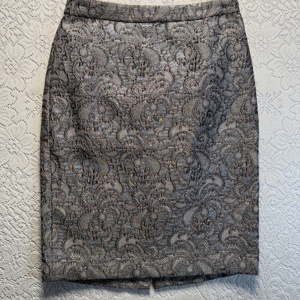 Ann Taylor Skirt Womens 2P Petite Gray Paisley Tweed Lined Pencil Knee Length